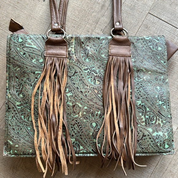 Paisley Tooled Green & Brown Fringe Detail Leather Tote Bag - Picture 10 of 15